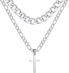 APSVO Layered Black Cross Necklaces for Men Boys Stainless Steel Cuban Figaro Pendant Chain Set Religious Christian Birthday First Communion Graduation Fathers Day Jewelry Gifts Him Teen Dad Kids