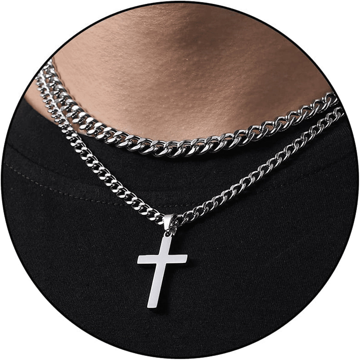 APSVO Layered Silver Cross Necklace for Men boys kid Stainless Steel Layered Cuban Link Chain Cross Pendant Necklaces Set,Religious Jewelry Gifts