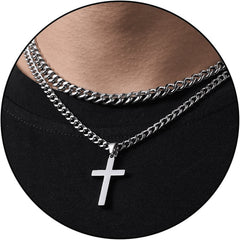 APSVO Layered Silver Cross Necklace for Men boys kid Stainless Steel Layered Cuban Link Chain Cross Pendant Necklaces Set,Religious Jewelry Gifts