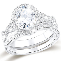 APSVO 18K White Gold Plated 1ct Oval Wedding Rings for Women Halo Stackable CZ S925 Sterling Silver Eternity Promise Band Engagement Rings Set Birthday Jewelry Gifts Wife Bride Girlfriend Mom Ideas