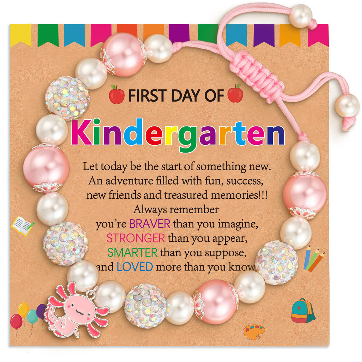APSVO First Day of Kindergarten Back to School Jewelry Gifts for Girls Kids Pink Pearl Bead Axolotl Charm Bracelet Supplies Stuff Accessory Ideas 4-6 Year Old Mother Mom Daughter Granddaughter Age